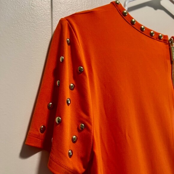 Michael Kors Womens Orange Gold Studded Short Sleeve Mini Dress Size Small - Picture 7 of 12